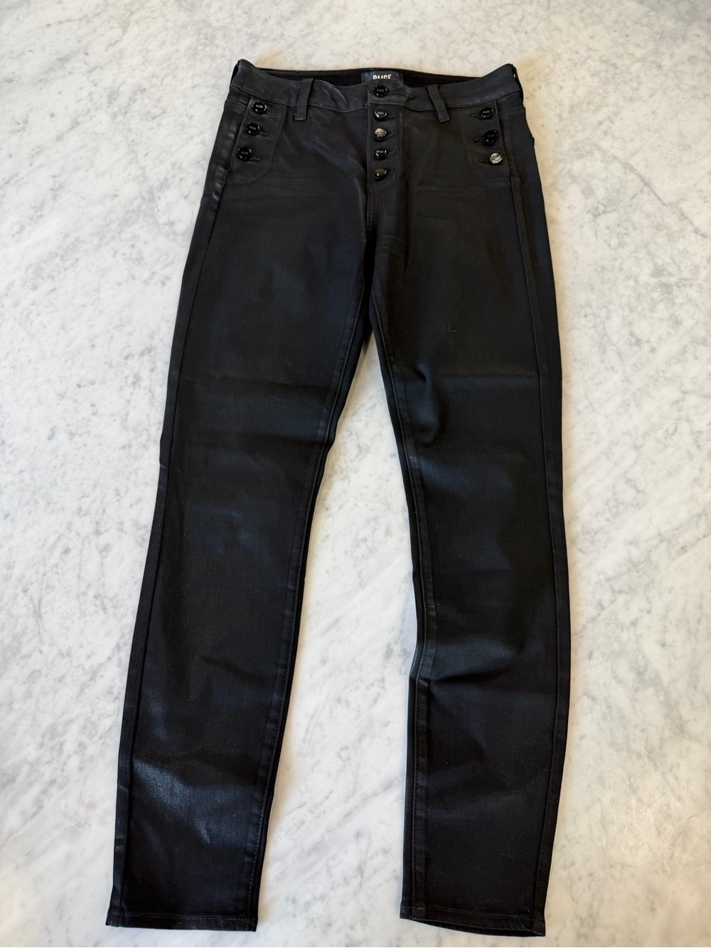 PAIGE Emmie Ultra Skinny Coated Black Jeans Size 29 Button Detail